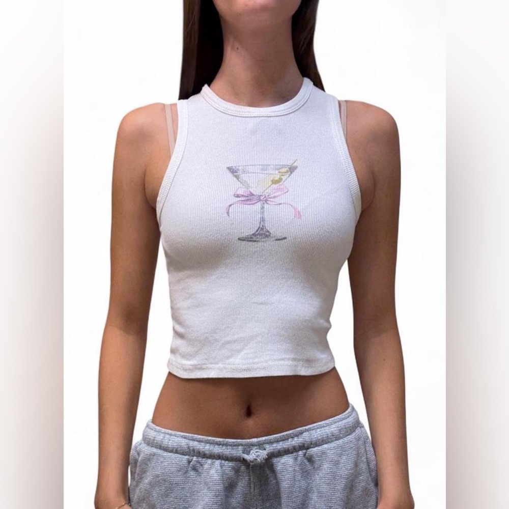 White Sleeveless Ribbed Crop Tank with Cocktail Graphic